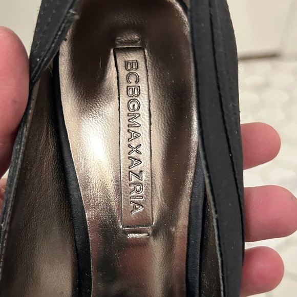 BCBG Black Satin Peep-Toe Pumps, Sz 7.5 - Picture 7 of 9